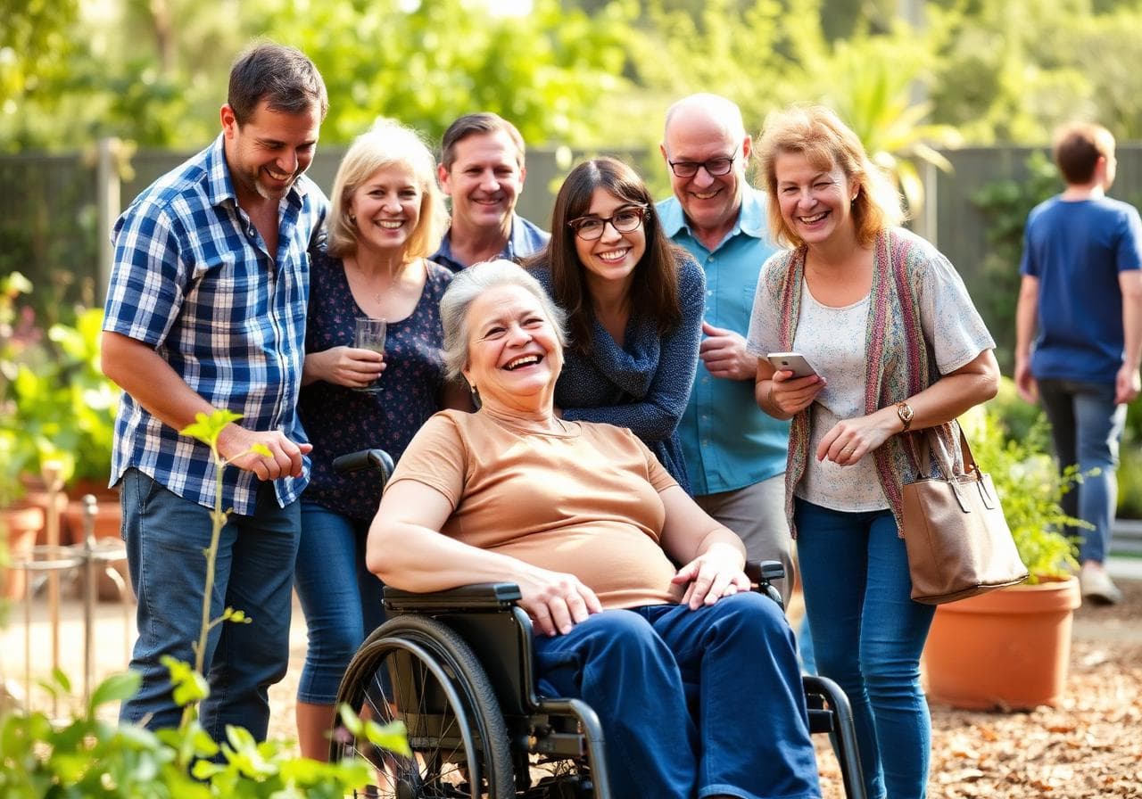 A diverse group of community members enjoying time in a garden together